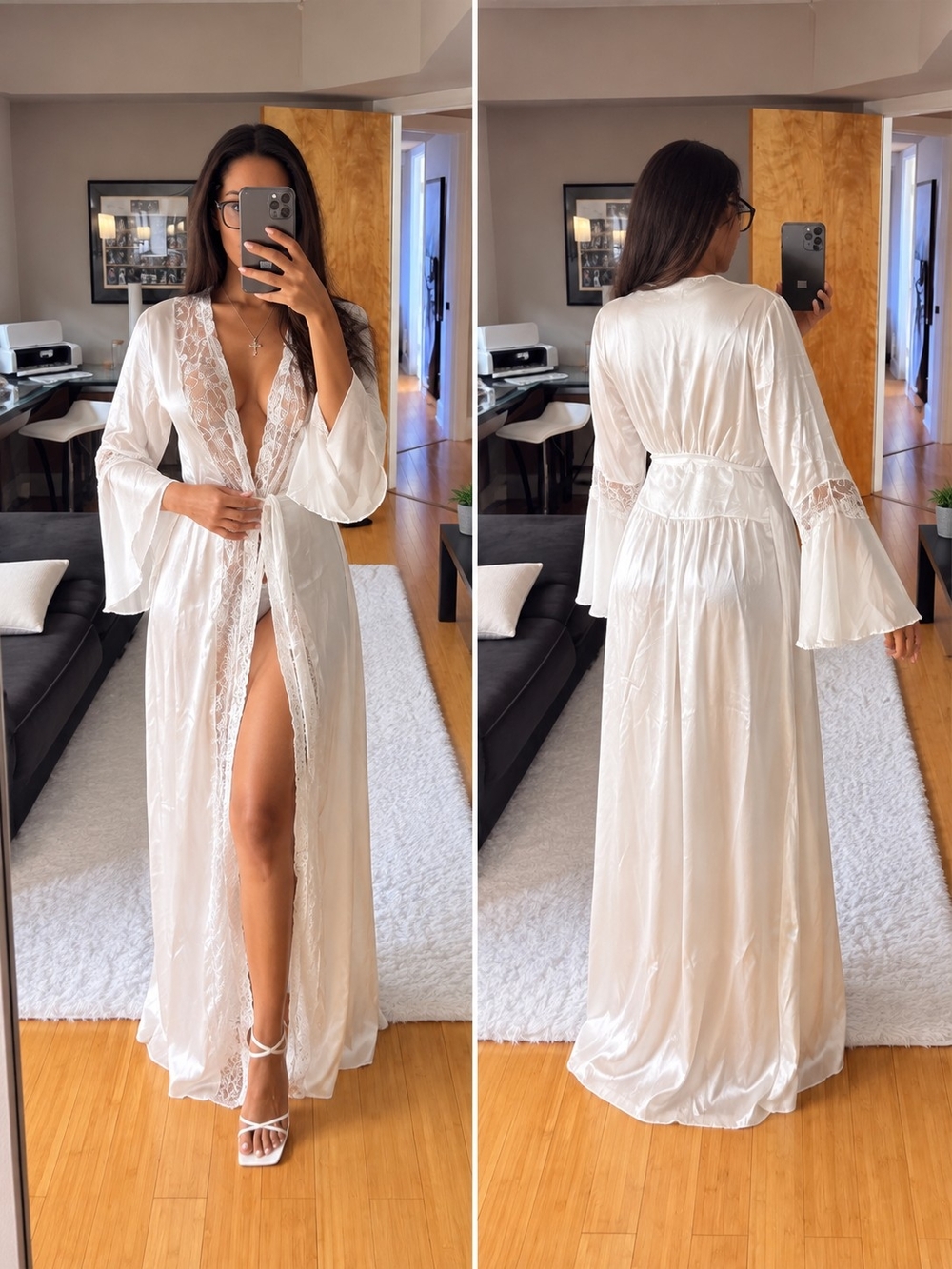 White Satin Lace Maxi Robe with Open Bell Sleeves